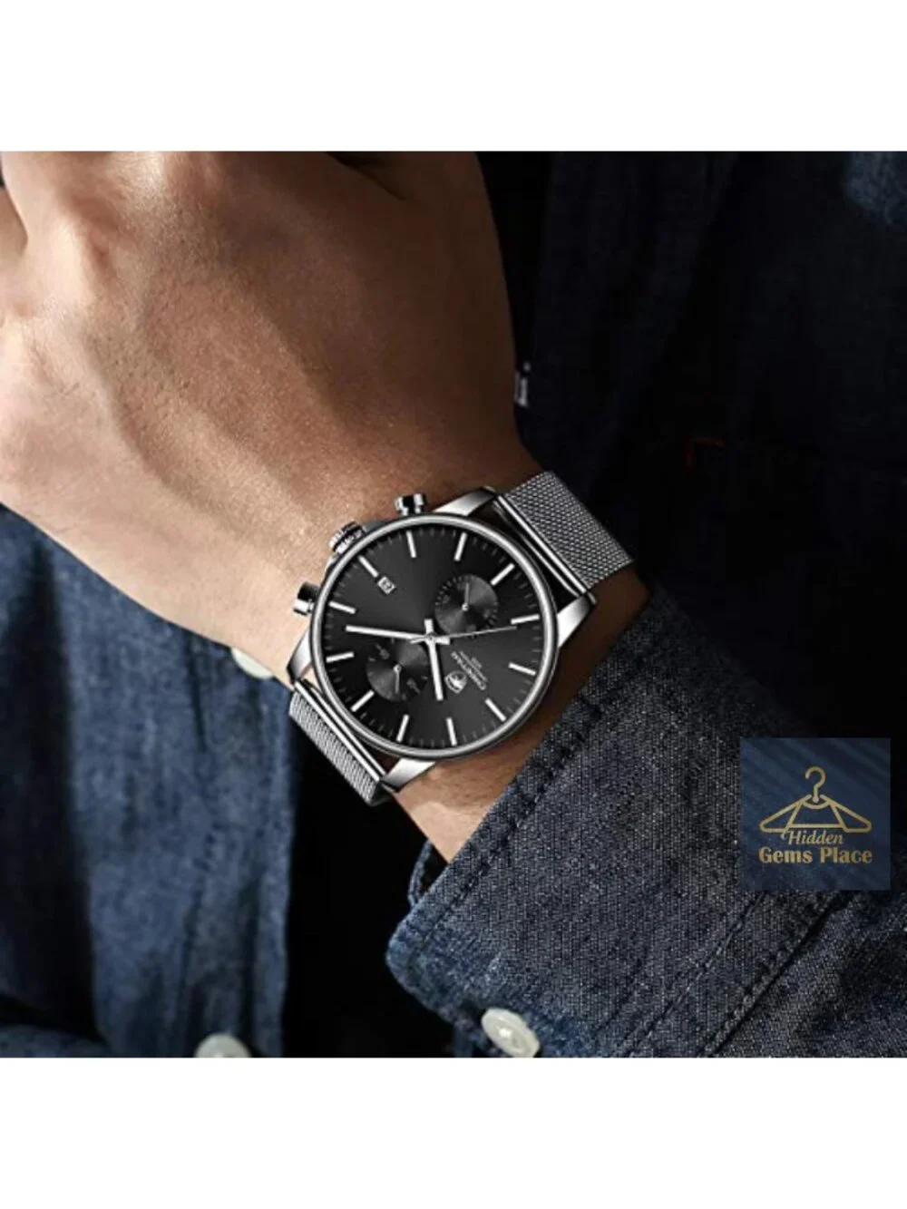 Men's Watch Stainless Steel Mesh Waterproof Chronograph Quartz Analog with Auto